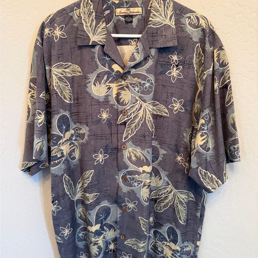 Tommy Bahama Gray and Cream Leaf Print Shirt